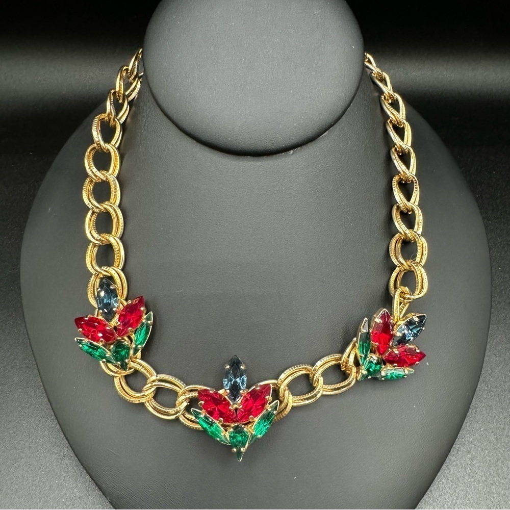Vintage Colorful Grixpoix Glass Stone Necklace with Chunky Oval Chain Necklace